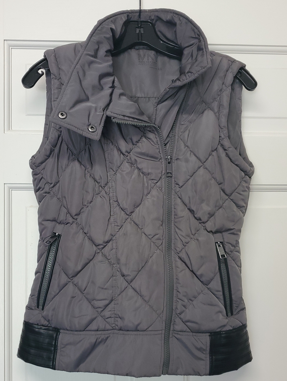 Marc New York Quilted Gray Sleeveless Puffer Vest with Faux Leather Hem, XS